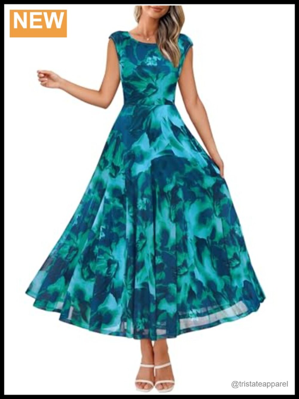 Womens Floral Mesh Cap Sleeve Crewneck Flowy A-Line Maxi Dress Wedding Guest